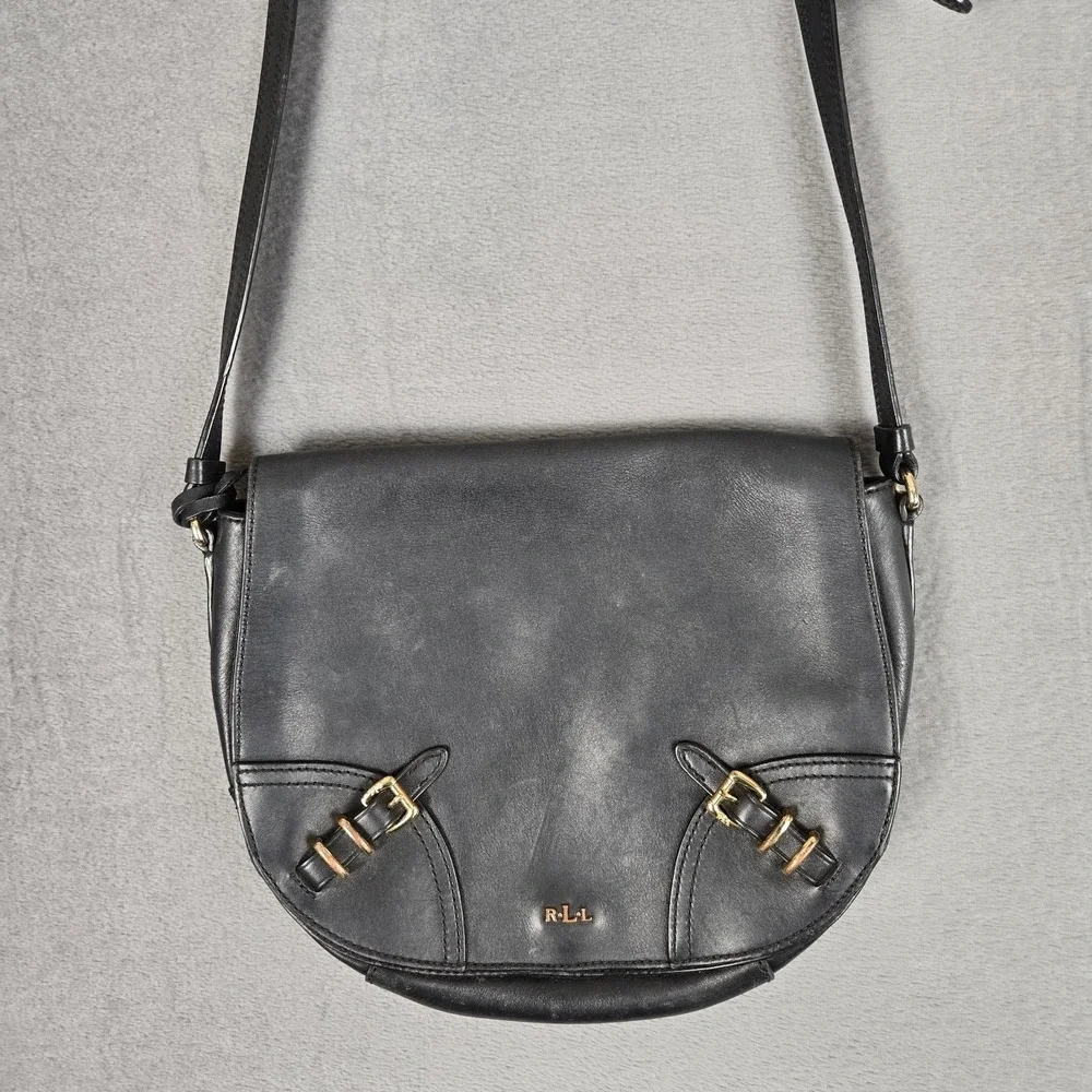 Lauren Ralph Lauren Womens Leather Magnet Close Crossbody Shoulder Handbag Black